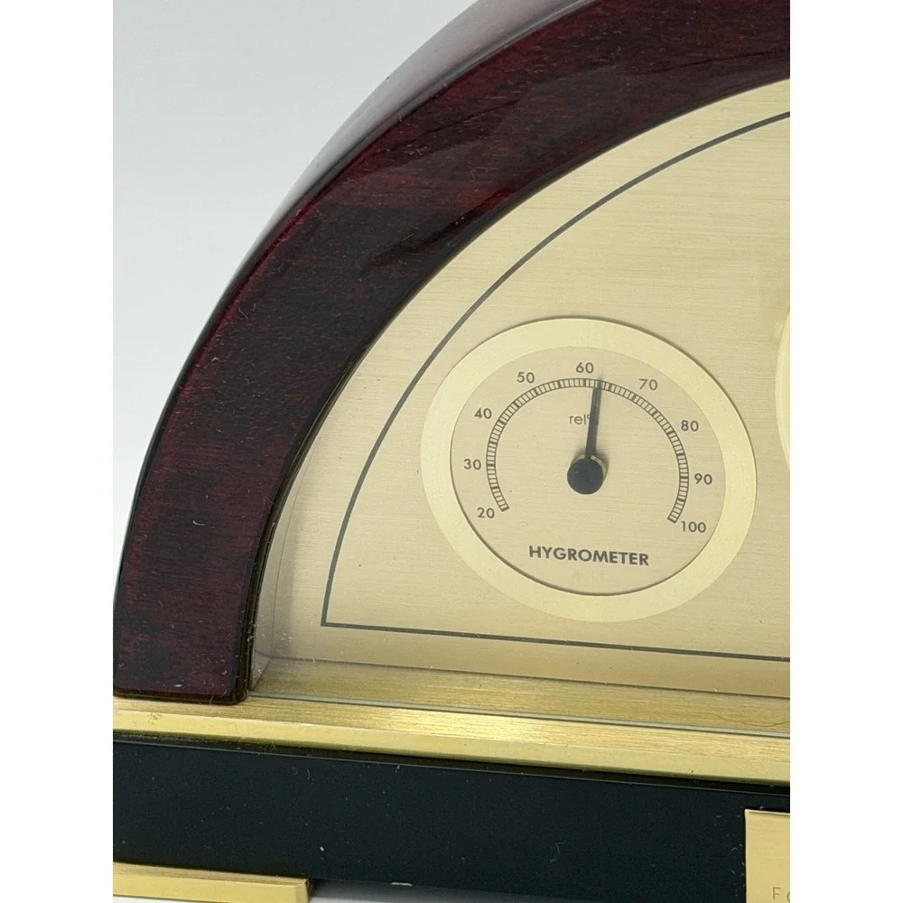 Bulova Mantel Clock Quartz Wood Brass Hygrometer Thermometer Engraved